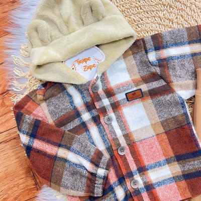 Conj. Casaco Flanelado Xadrez com Capuz de Pelinho e Calça de Moletom - Marrom